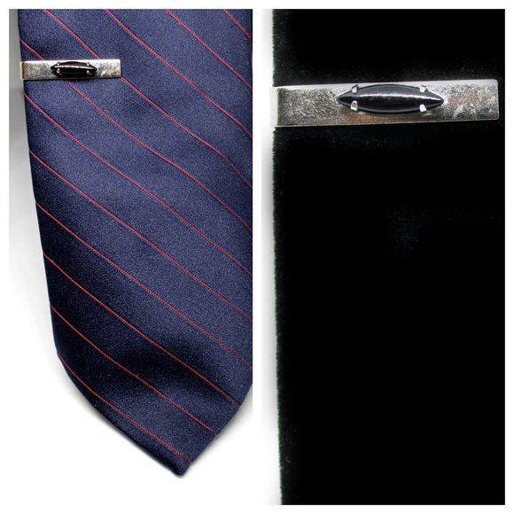 Vintage Silver & Black Marquis Cabachon Rectangle Tie Clip | Father's Day Gift - Picture 9 of 9